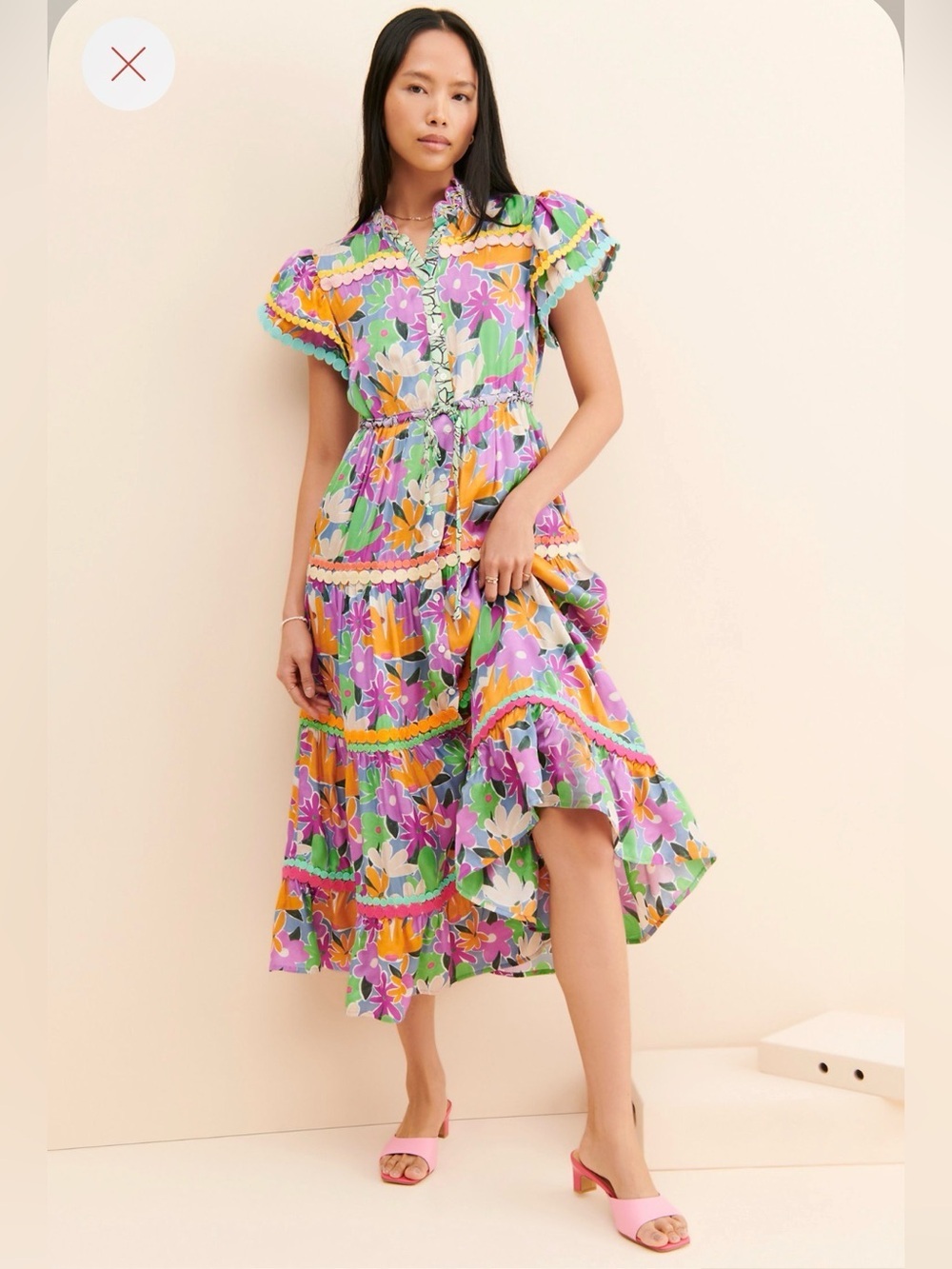 CeliaB Celia B Aneeta Ruffled Tiered Midi Colorful Short Sleeve Dress XS Small
